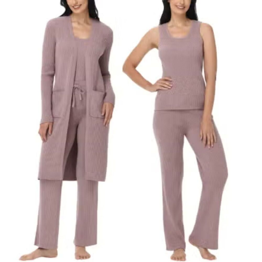 525 Three Piece Lounge Set in Cozy Ribbed Knit Brown Tank Duster & Pants size L